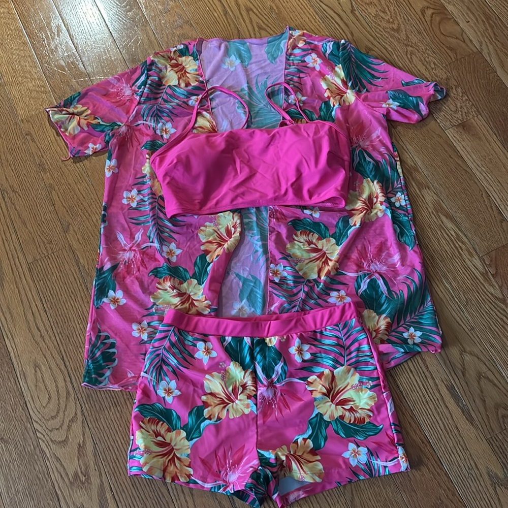 3PC SHEIN Pink Floral Swim & Coverup Set